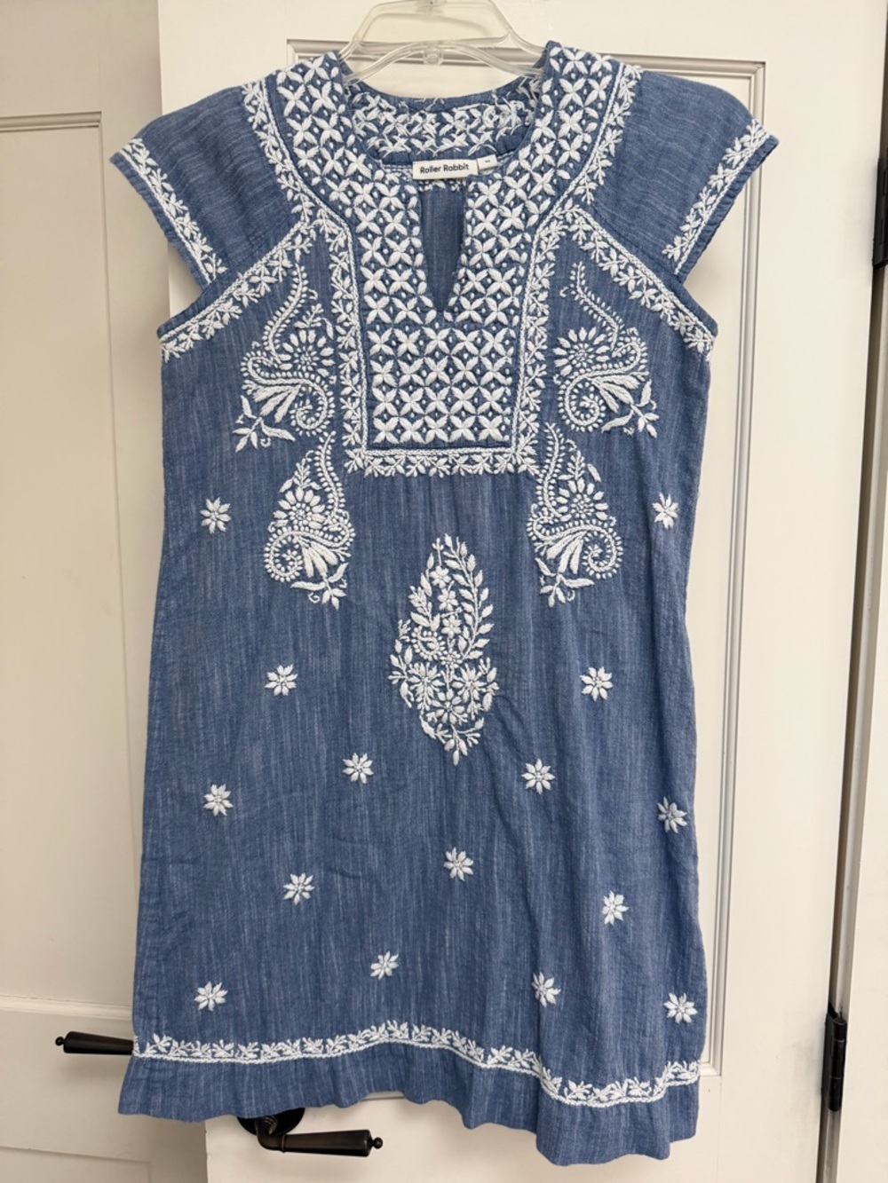 EUC ROLLER RABBIT WOMENS FAITH DRESS BLUE AND WHITE EMBROIDERED COTTON SHEATH